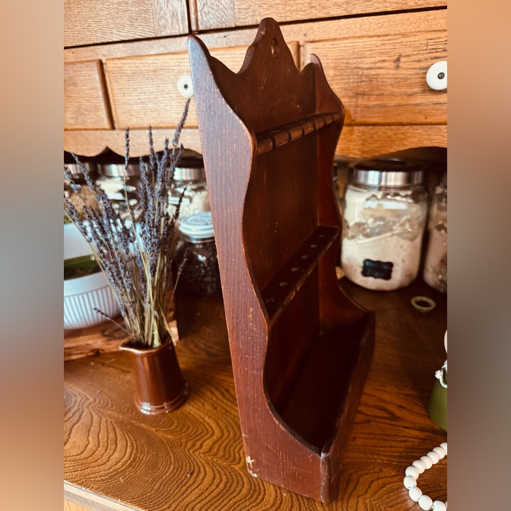 Primitive Vintage Antique Rustic Brown WoodeWall Shelf & organizer/spoon holder - Picture 3 of 10